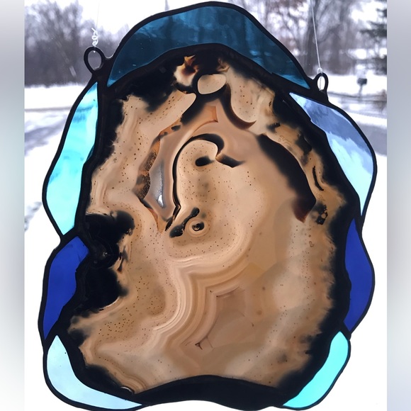 Handcrafted Stained Glass Panel with Agate Geode - Picture 4 of 9